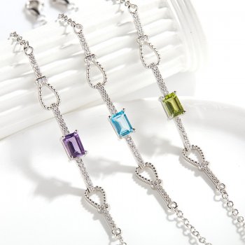 Colorful Gemstone Jewelry S925 Sterling Silver Inlaid With Natural Multi-Colored Square Gemstones